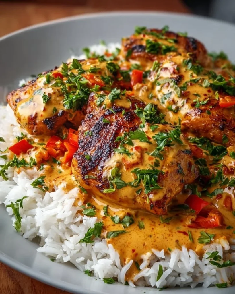 Creamy peri-peri chicken served with rice on a plate