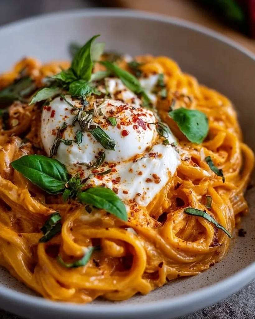 Creamy red pepper pasta topped with burrata and fresh herbs in a bowl