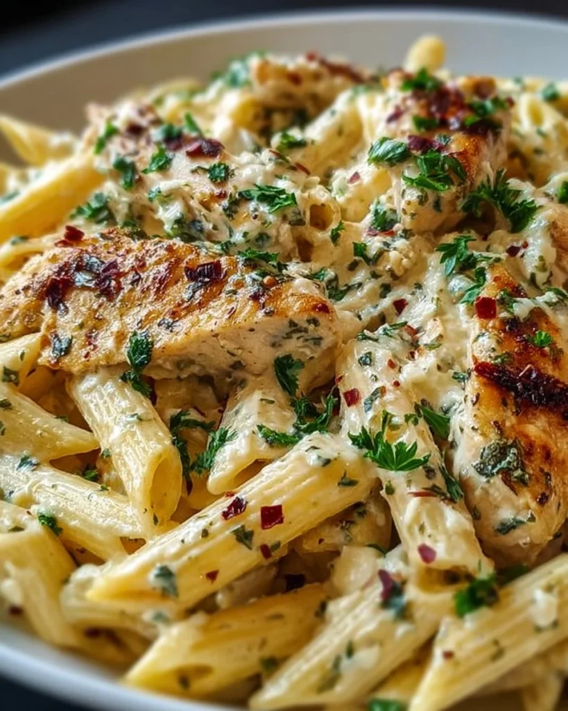 Creamy ricotta chicken pasta served in a bowl with fresh herbs