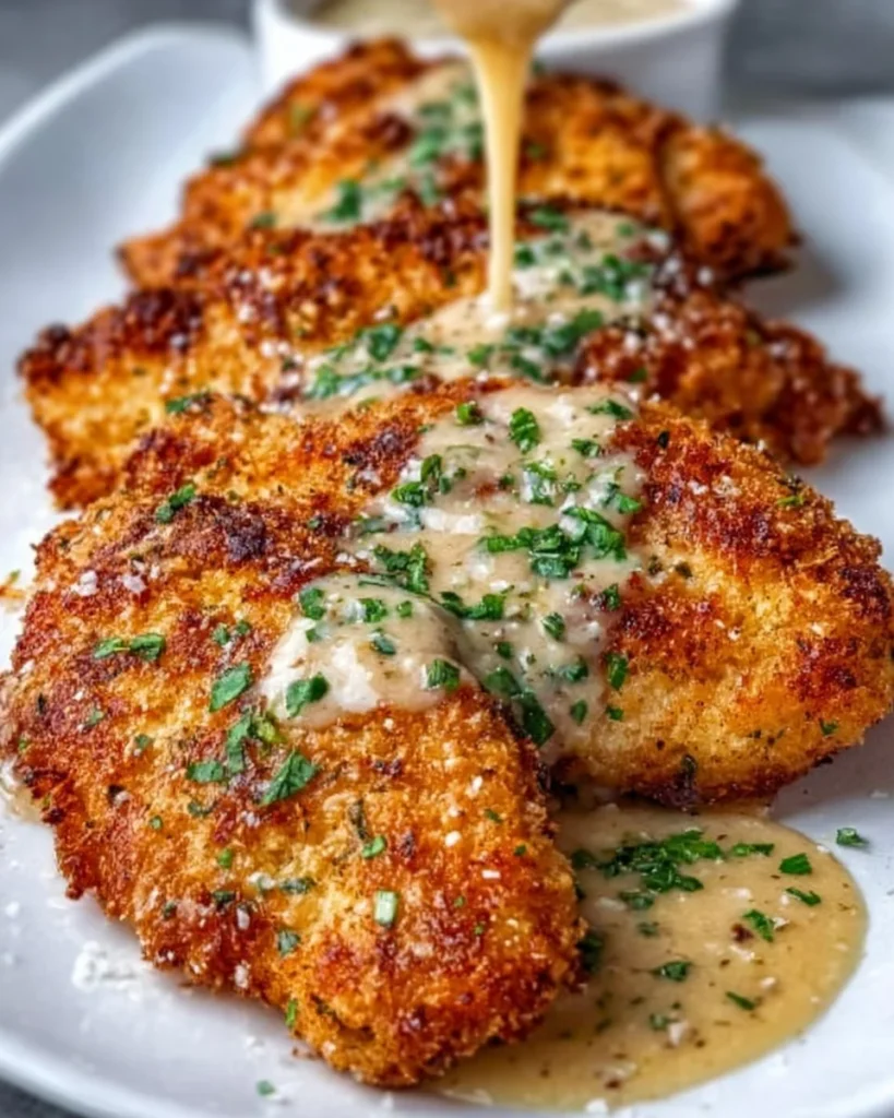 Crispy Parmesan chicken served with rich garlic sauce on a plate