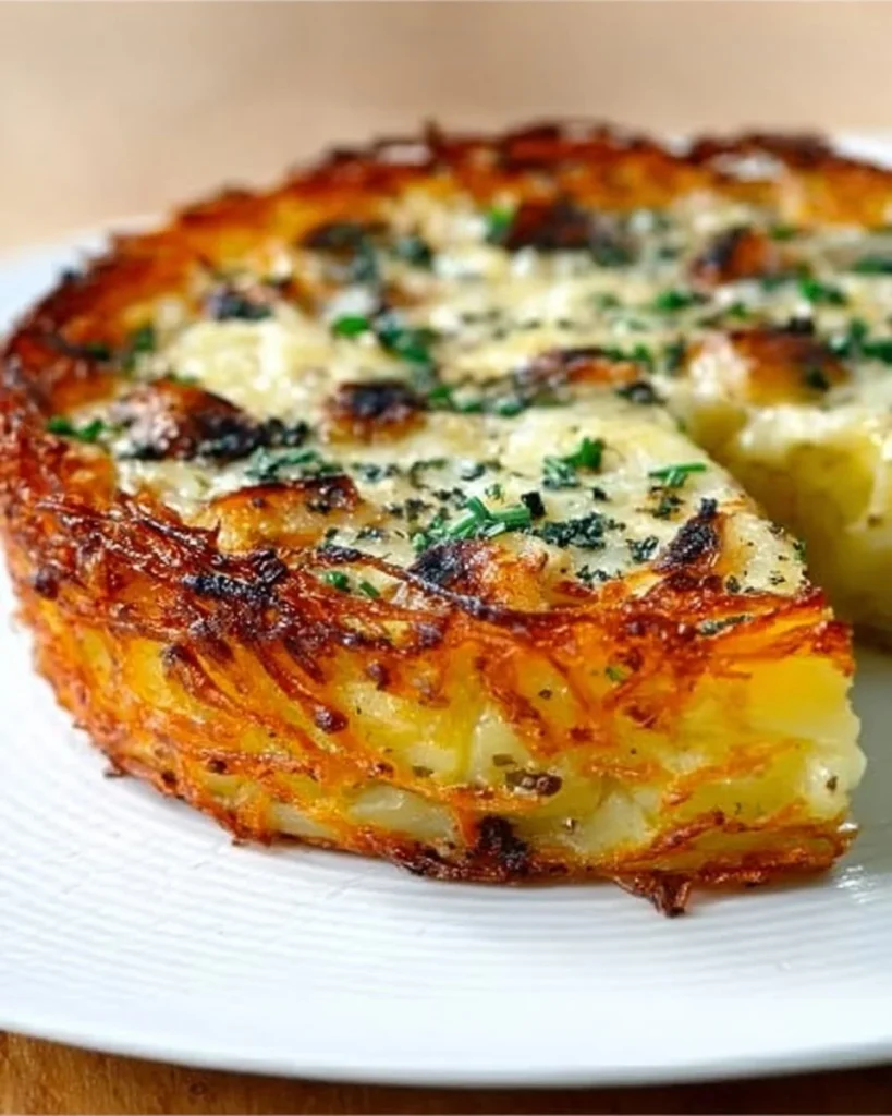 Golden crispy potato pie served with fresh herbs and a side salad