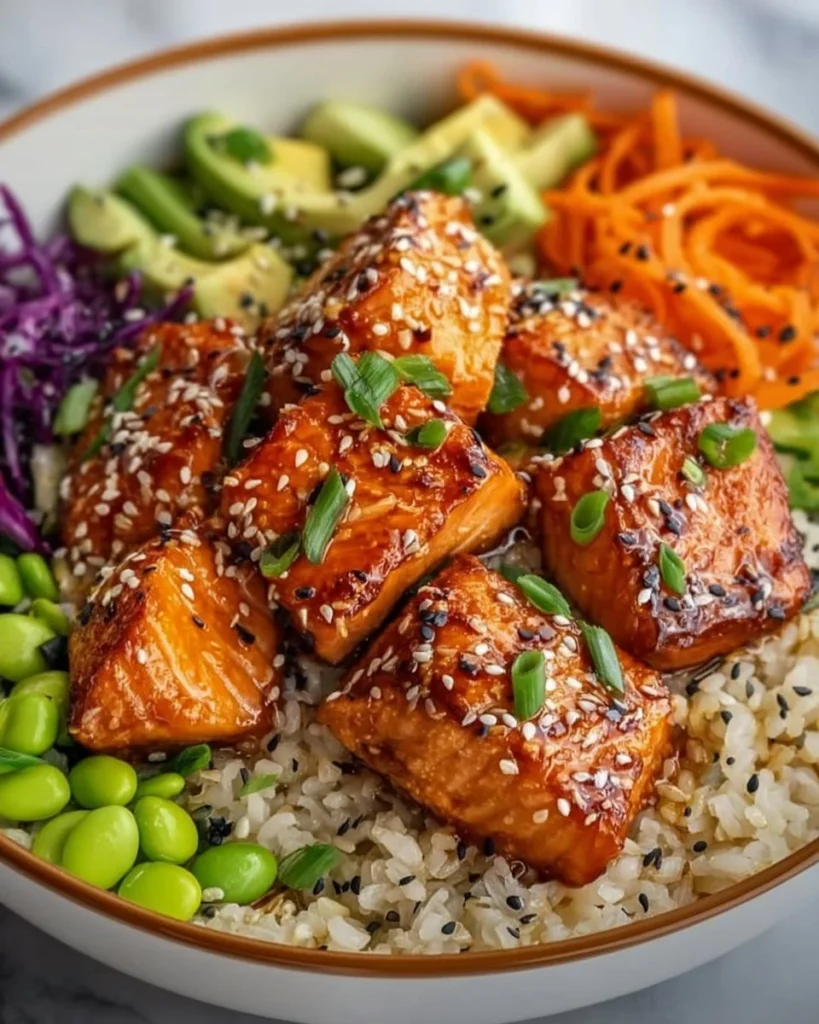 Crispy Salmon served with rice and vegetables in a vibrant bowl