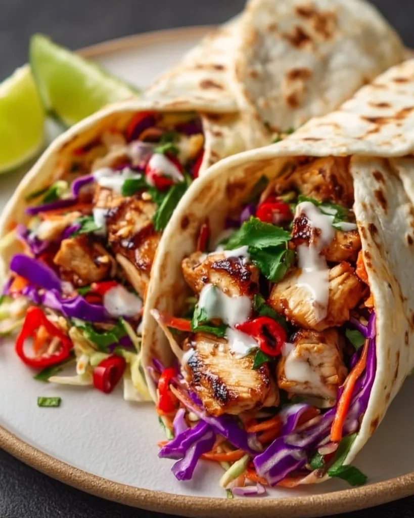 Delicious Thai Chicken Wrap served with fresh Asian slaw on a plate