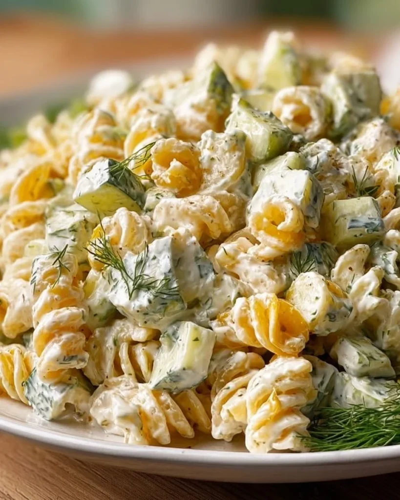 Delicious Dill Pickle Pasta Salad served in a bowl