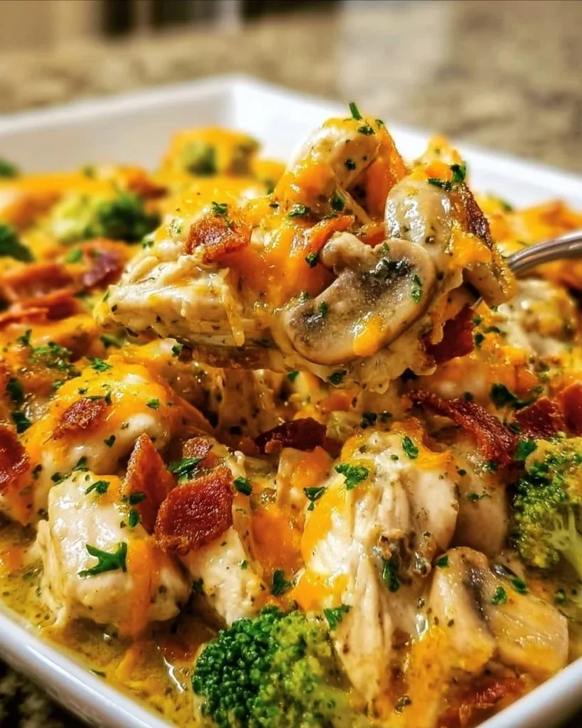 Easy low carb chicken casserole in a baking dish ready to serve.