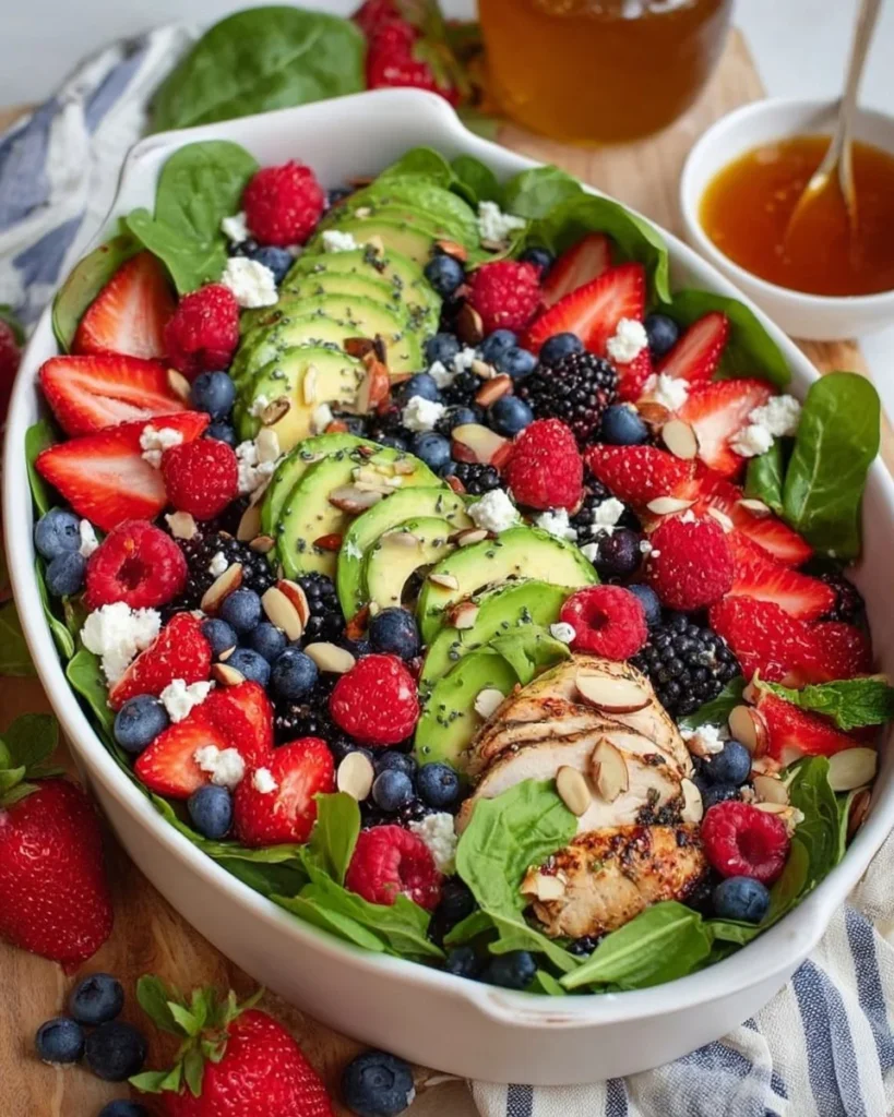 Colorful mixed berry salad with strawberries, blueberries, and raspberries