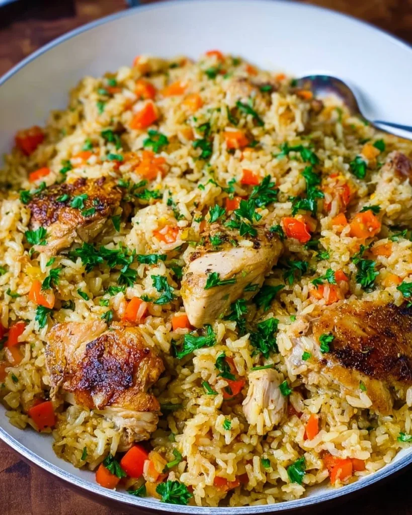 A delicious serving of Ukrainian Chicken Rice Pilaf in a rustic bowl.