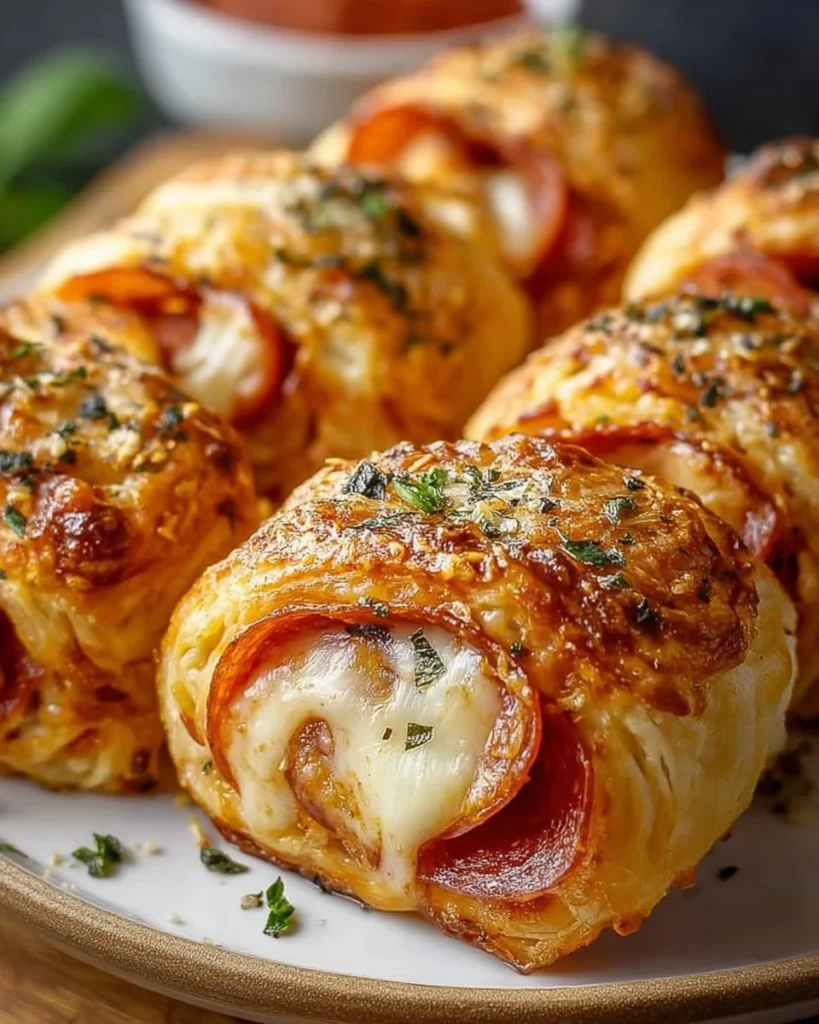 Flaky pepperoni pizza rolls filled with mozzarella and herbs, a delicious snack.
