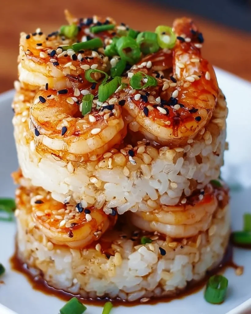 Flavorful sesame garlic shrimp rice stacks prepared in 30 minutes.