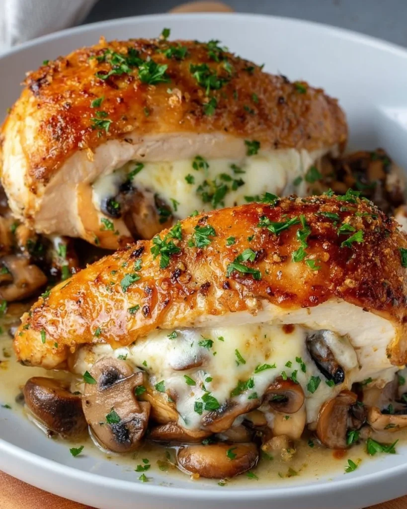 Delicious mushroom stuffed chicken breast served with herbs and seasoning.