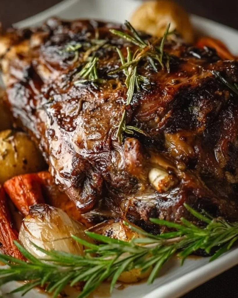 Fork-tender slow-roasted lamb shoulder served with vegetables