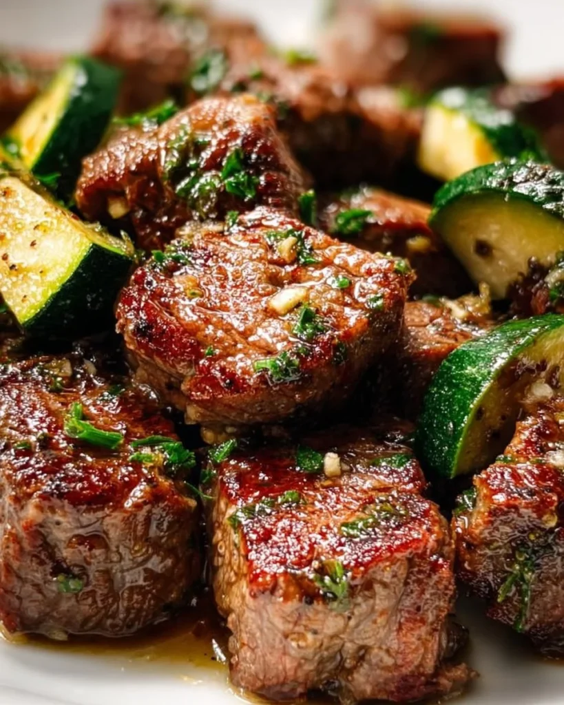 Delicious Garlic Butter Steak Bites served on a plate, ready to eat.