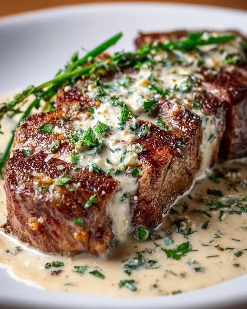Garlic butter steak topped with creamy parmesan sauce on a plate
