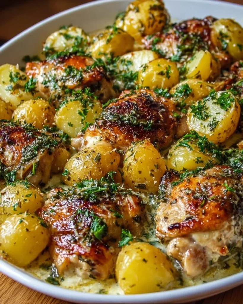 Delicious Garlic Parmesan Chicken with roasted potatoes on a plate
