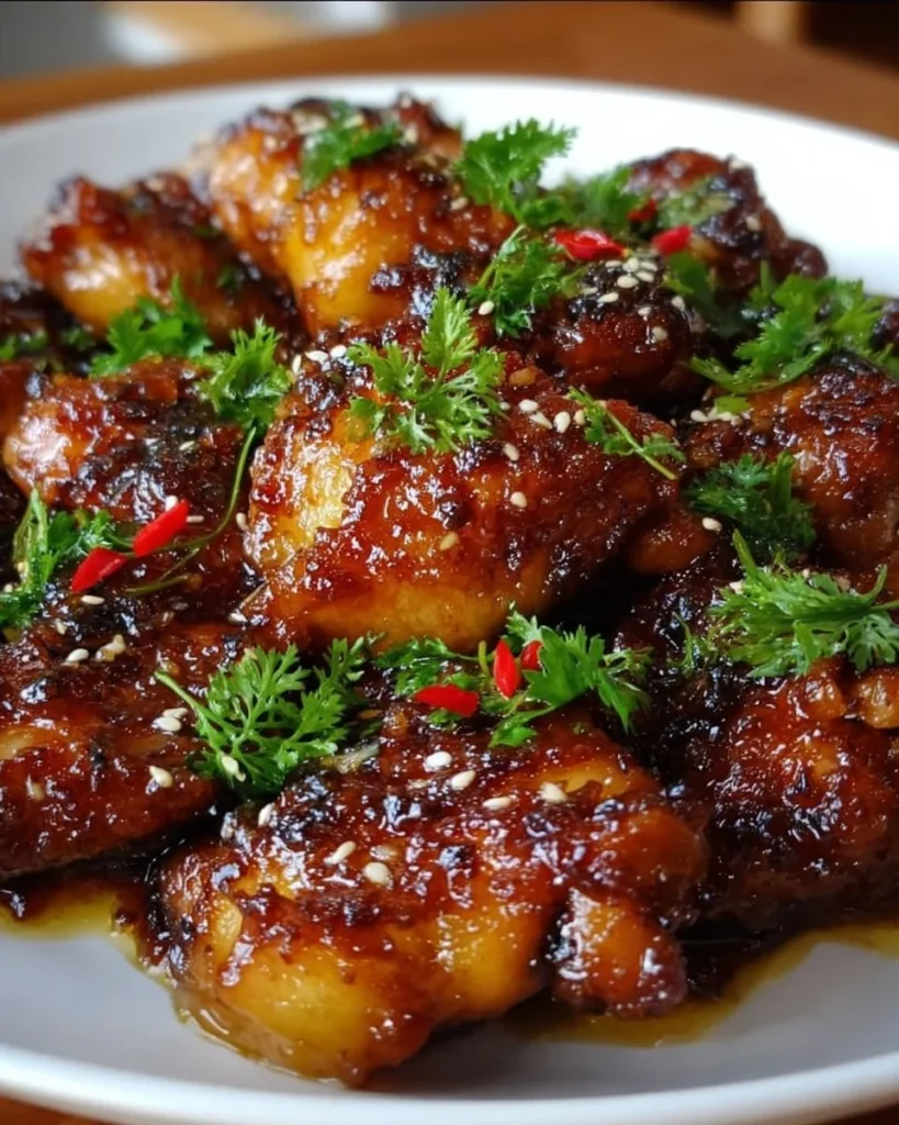 Delicious plate of Ginger Citrus Sticky Chicken garnished with fresh herbs