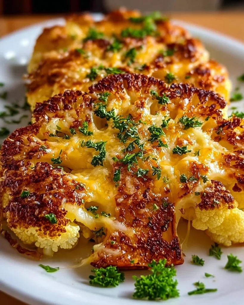 Golden crusted cheesy cauliflower steaks on a plate garnished with herbs.