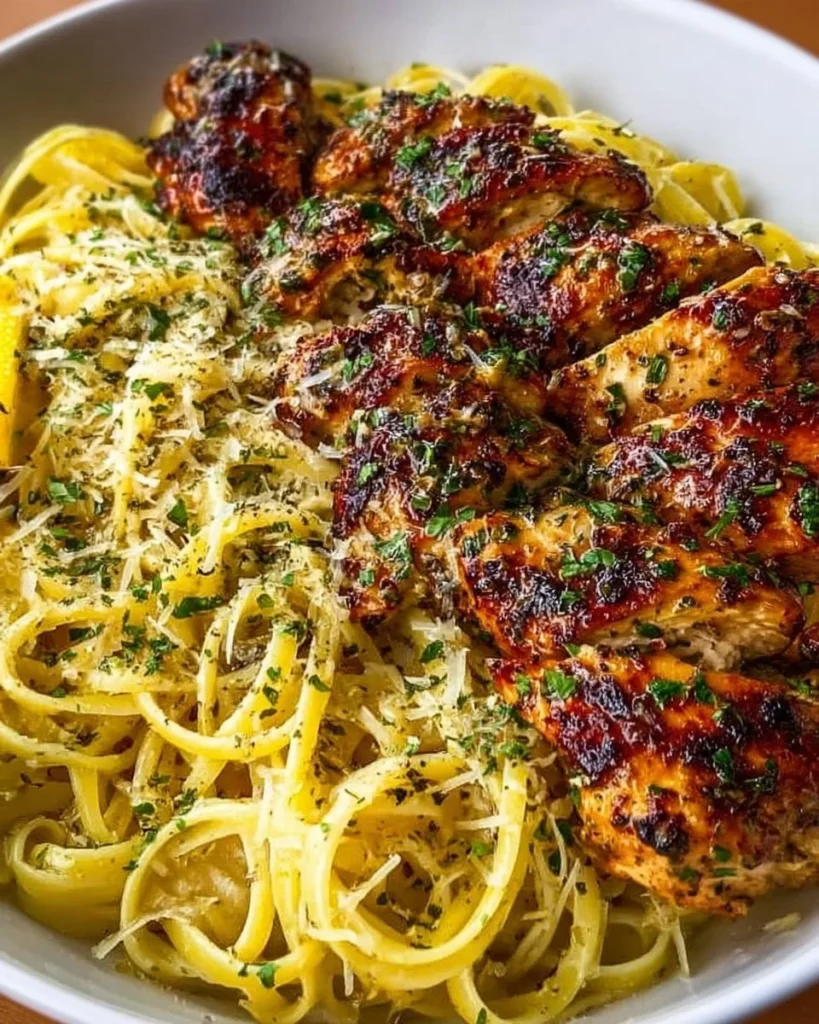 Golden Garlic Butter Chicken with Creamy Parmesan Linguine on a plate