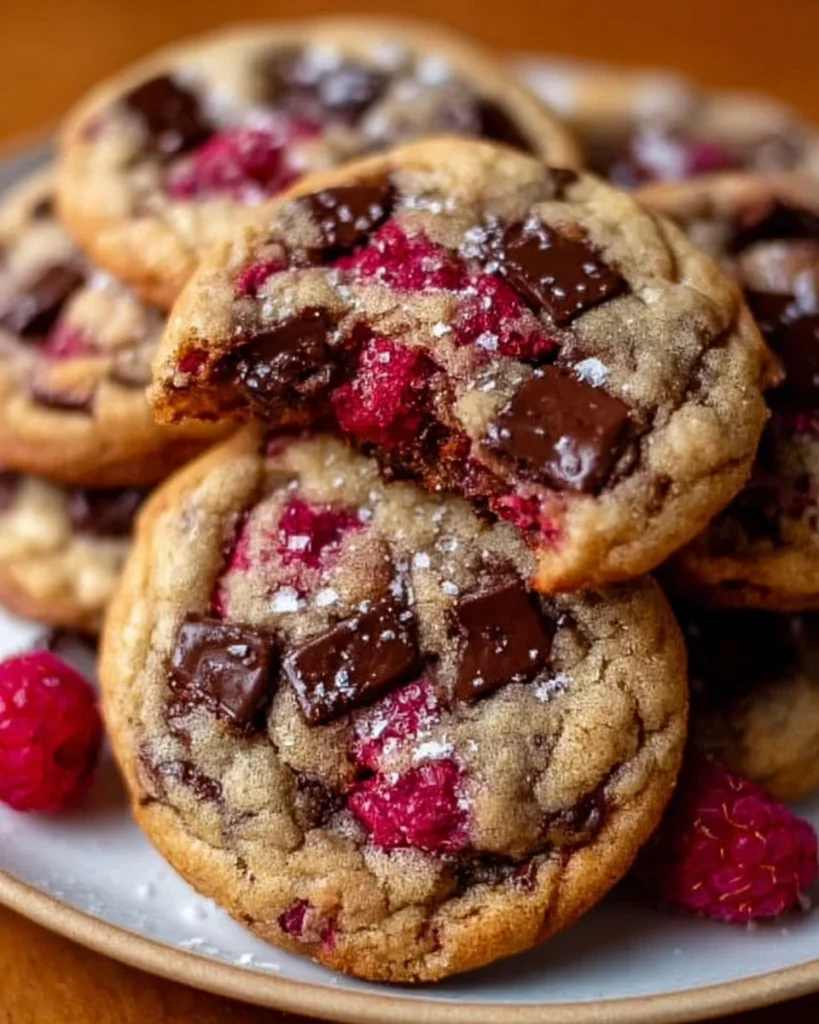 Gooey raspberry chocolate chunk cookies fresh out of the oven