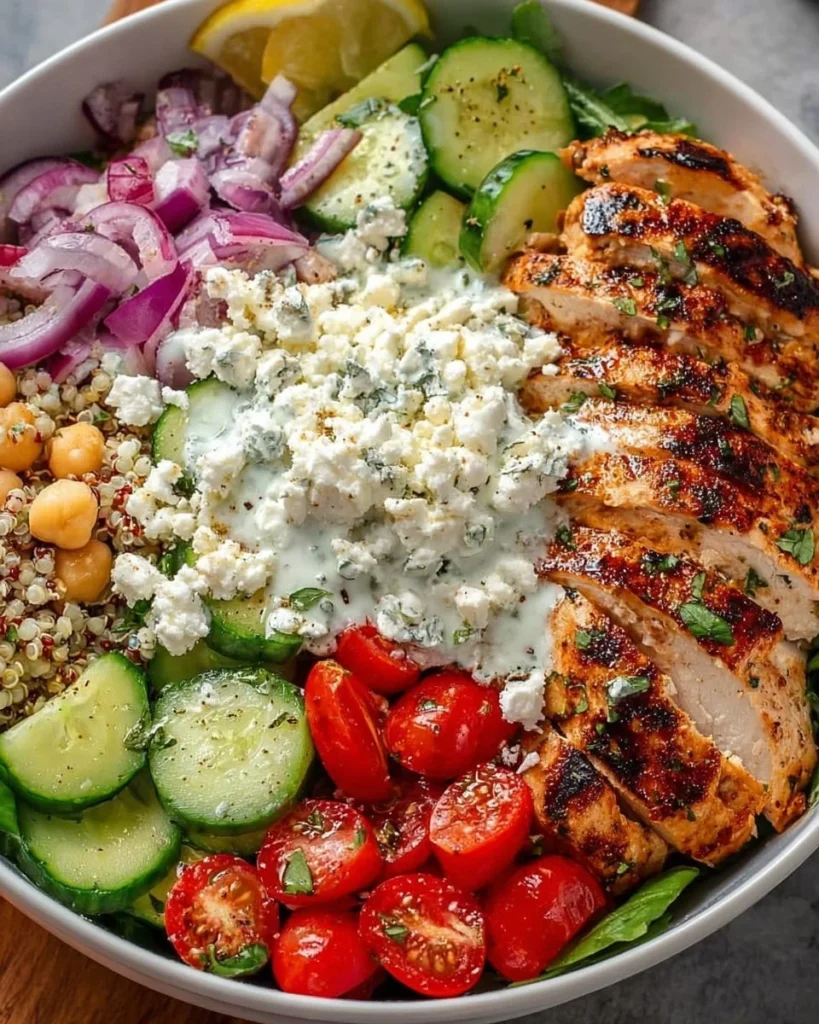 Delicious Greek Chicken Bowl with fresh veggies and savory spices