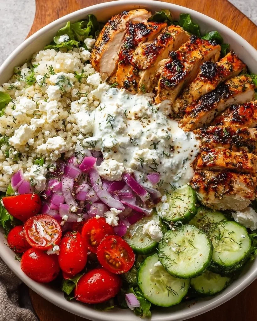 A vibrant Greek Chicken Bowl with grilled chicken, vegetables, and tzatziki sauce.