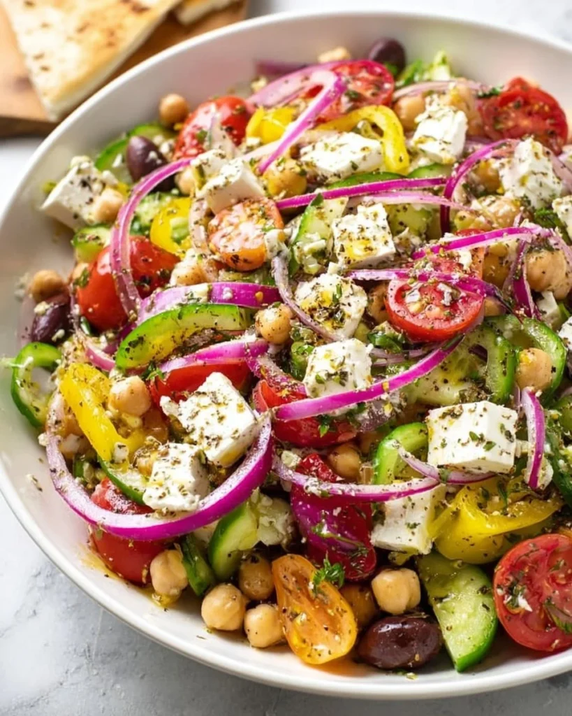 Delicious Greek Salad with tomatoes, cucumbers, olives, and feta cheese