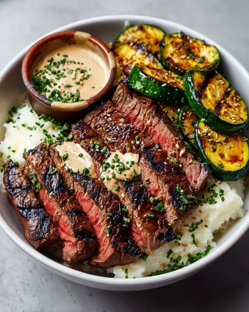 Grilled Steak Bowl with sauce and grilled zucchini for a flavorful meal