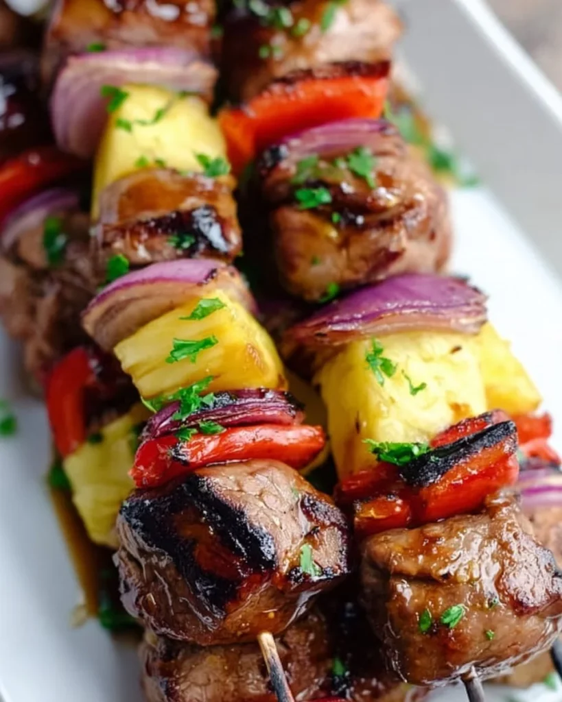 Delicious grilled teriyaki pork kebabs served on skewers with vibrant vegetables