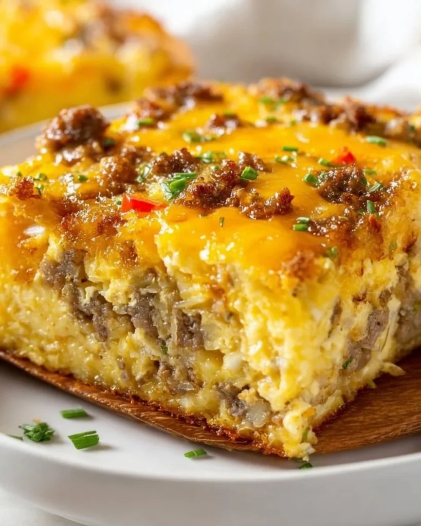 Delicious hashbrown breakfast casserole topped with cheese and served warm.