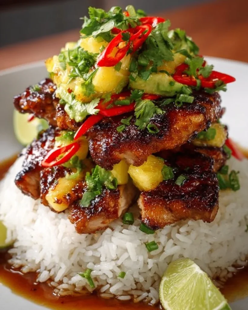 Delicious Hawaiian Turn Turn Chicken Stack with vibrant toppings and tropical flavors.