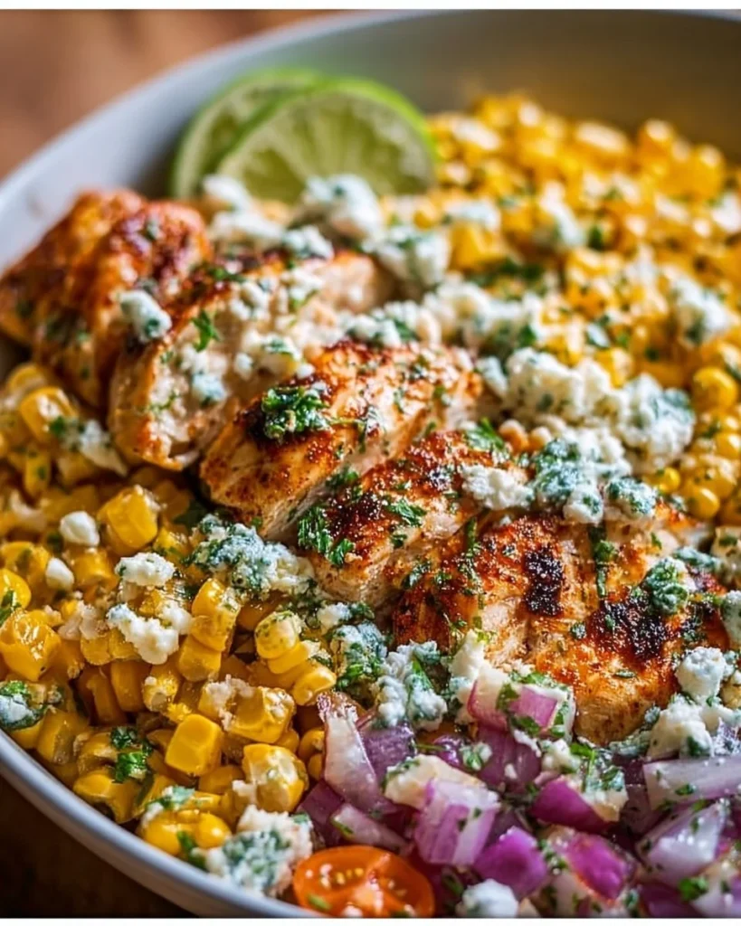 Healthy chicken and street corn bowls for a refreshing summer meal.
