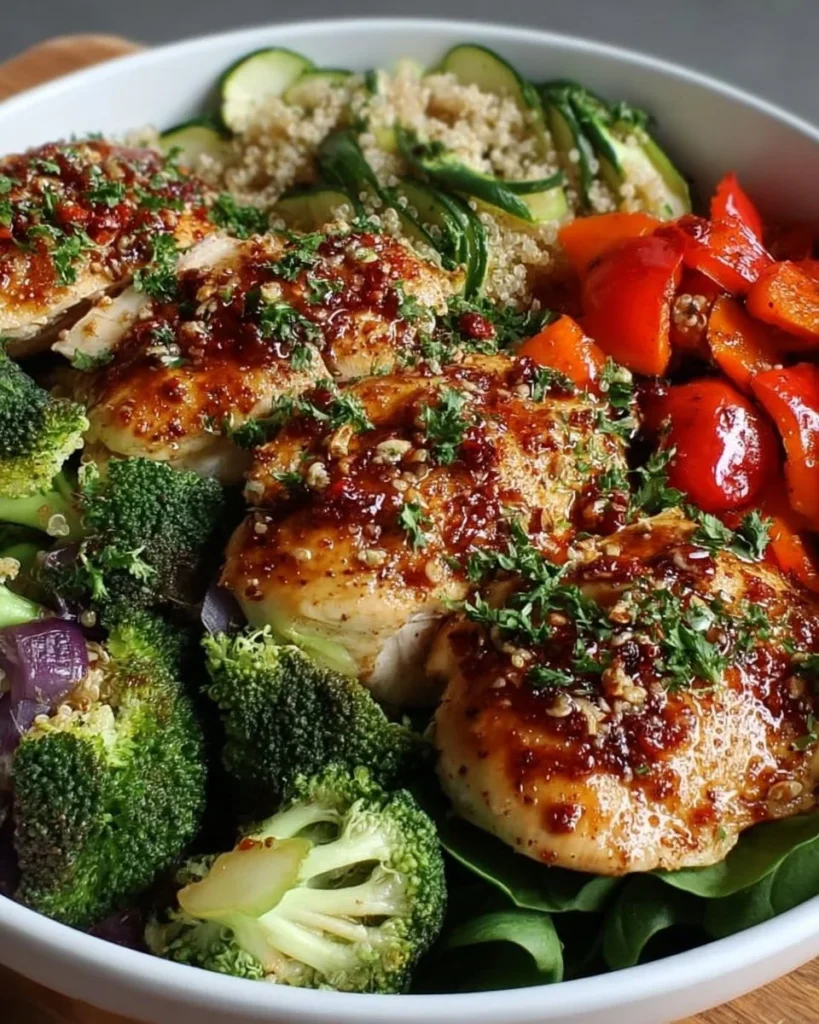 Healthy diabetic-friendly chicken veggie bowl with colorful vegetables