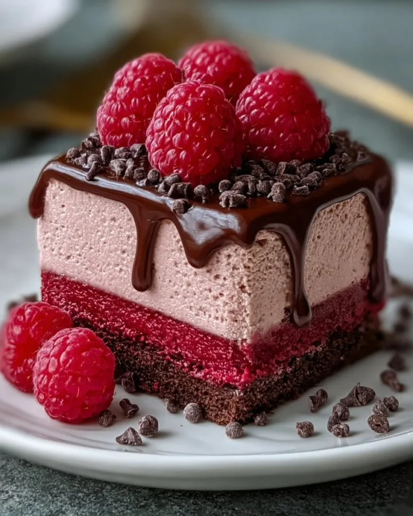 Heavenly Raspberry Chocolate Mousse Cake topped with fresh raspberries and chocolate shavings.