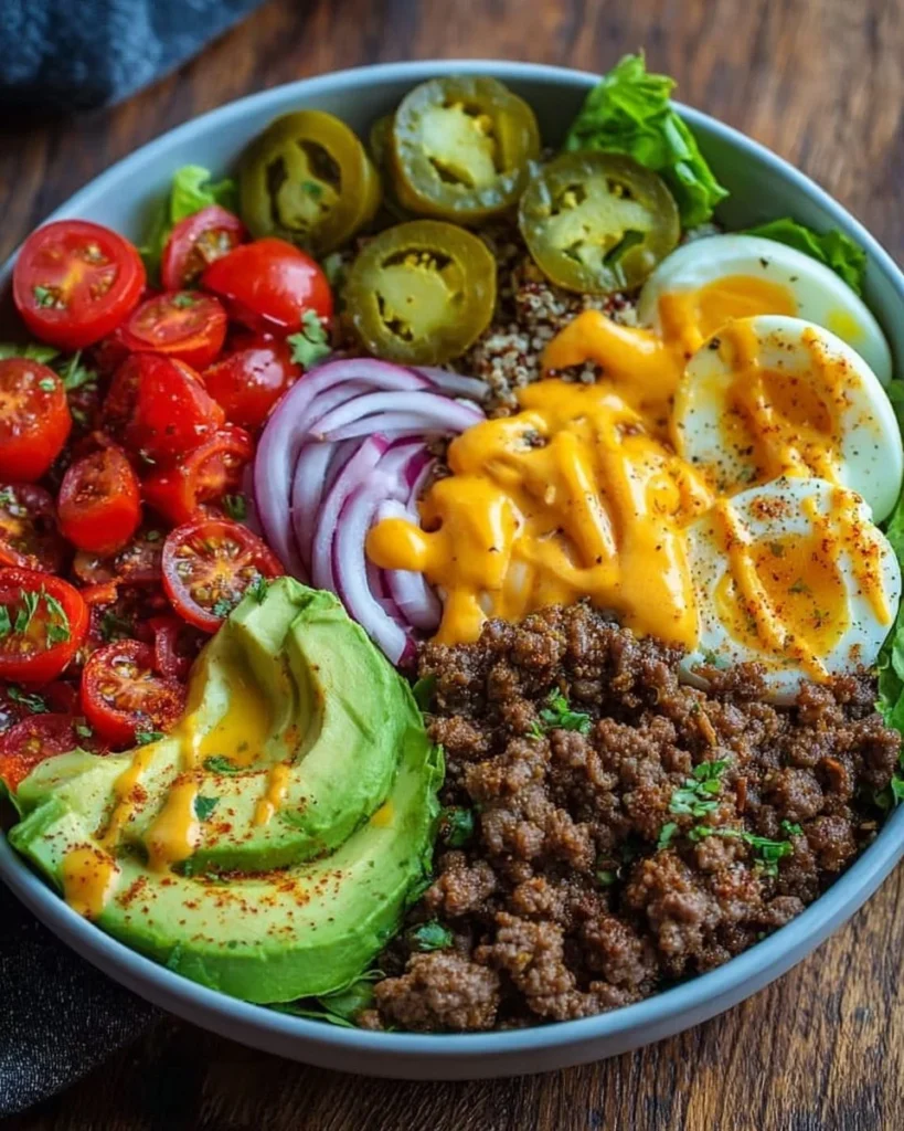 High-protein cheeseburger bowls with ground beef and burger sauce
