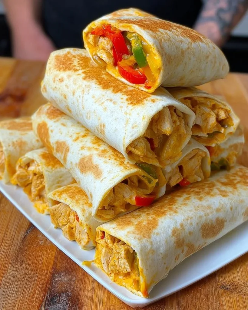 Delicious high protein creamy chicken fajita burritos wrapped in a tortilla.