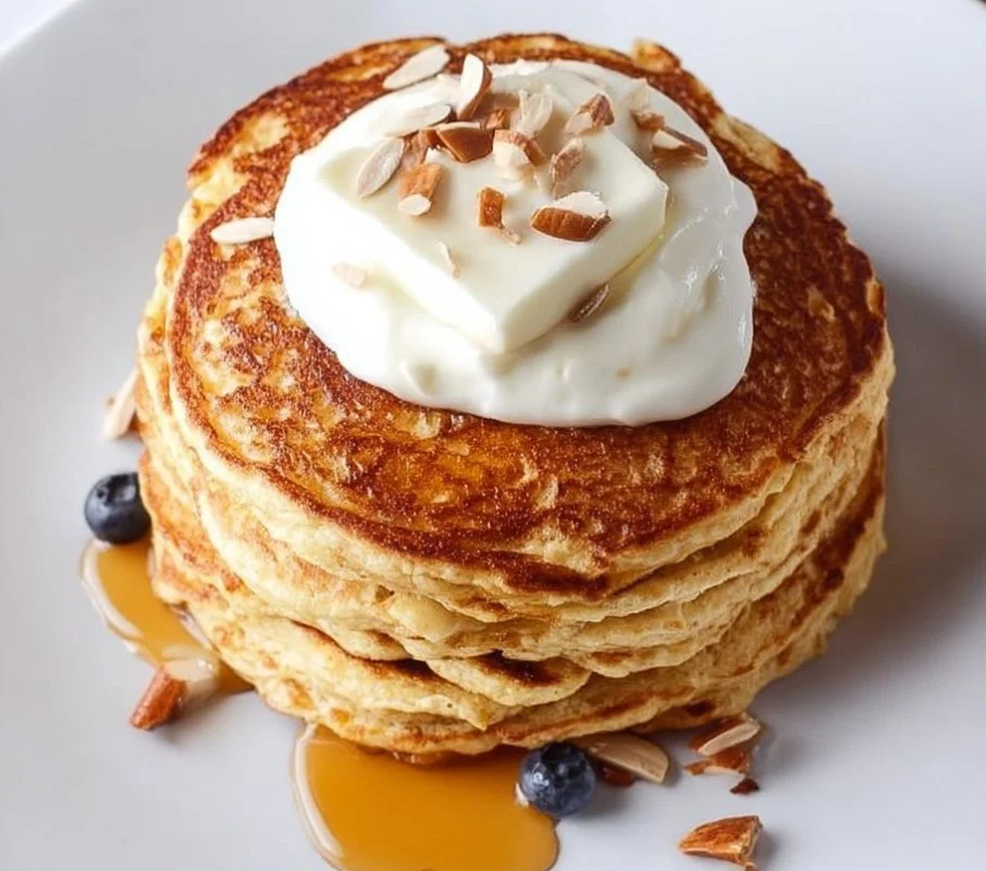 Plate of fluffy high protein pancakes topped with fresh fruits and syrup