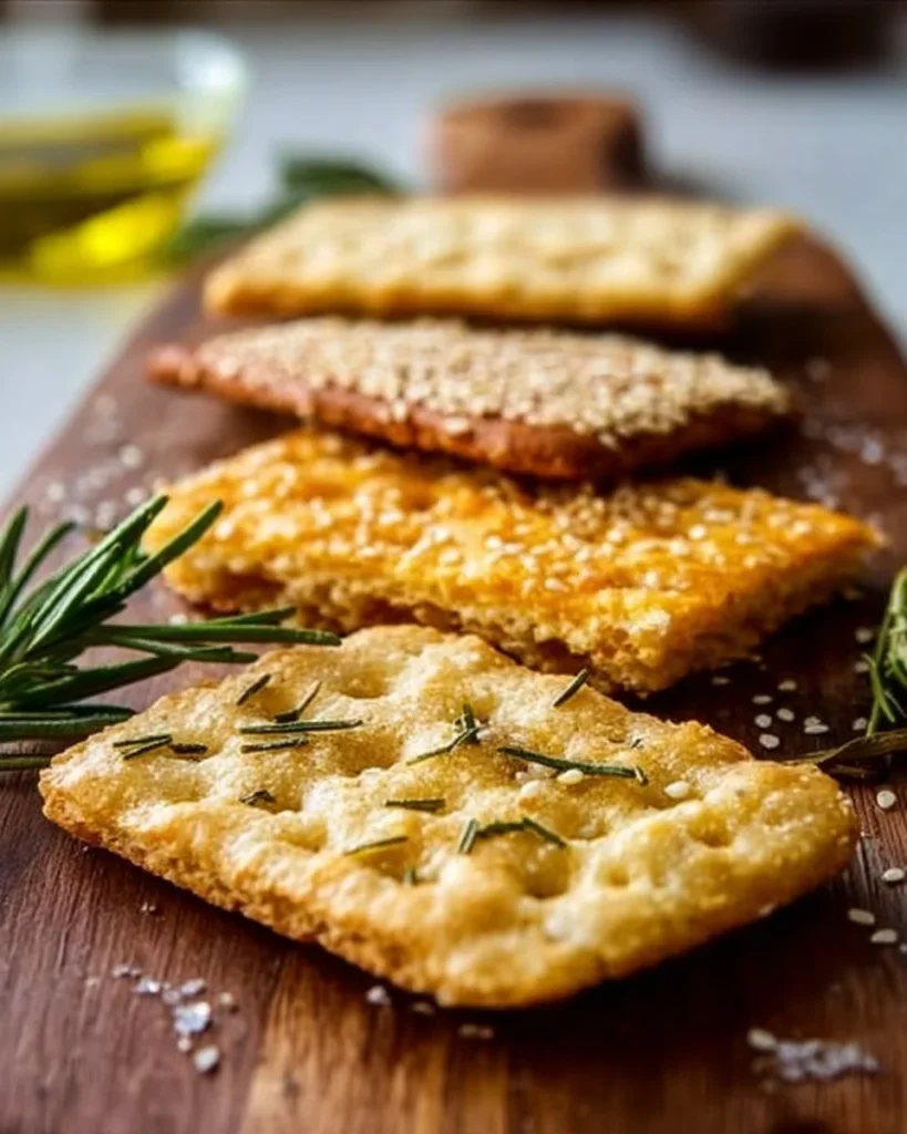 Homemade artisan crackers in four unique flavors on a rustic table