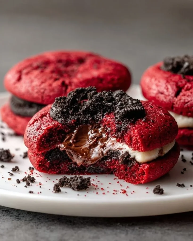 Homemade Red Velvet Oreo Cookies on a plate with cream cheese filling