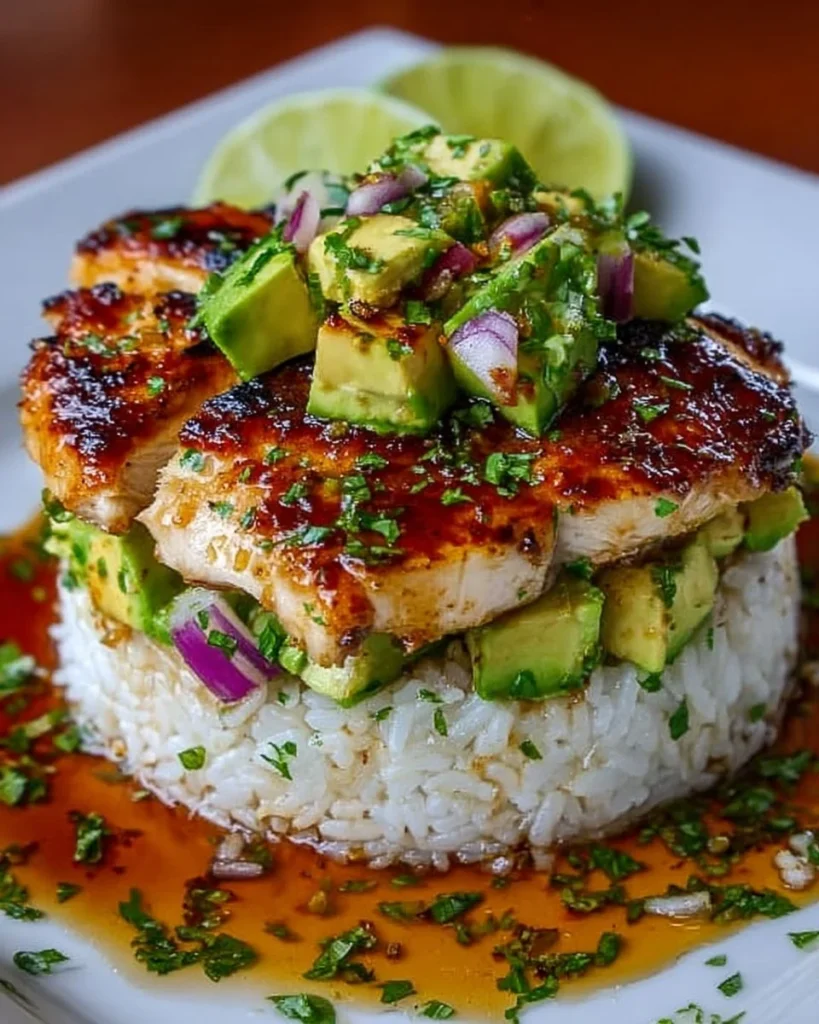 Honey Lime Chicken and Avocado Rice Stack on a plate garnished with herbs