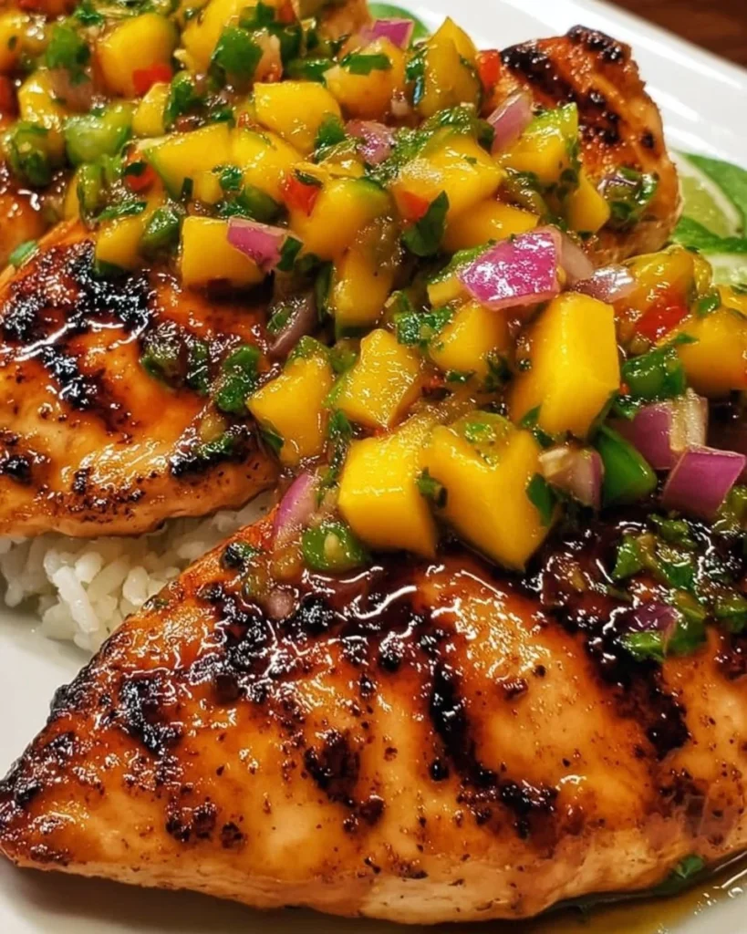 Plate of Honey Lime Chicken topped with Mango Salsa