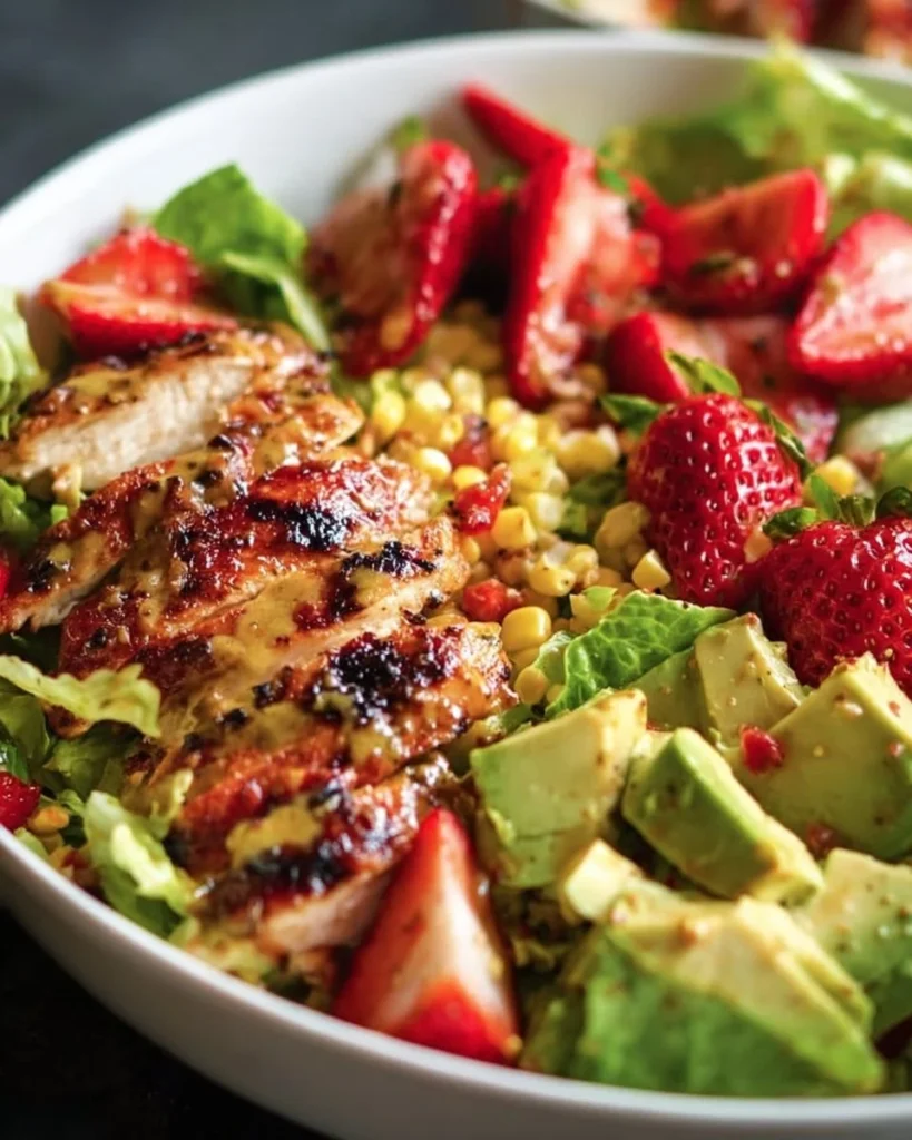 A colorful bowl of Honey Mustard Chicken Salad with fresh greens and a creamy dressing.