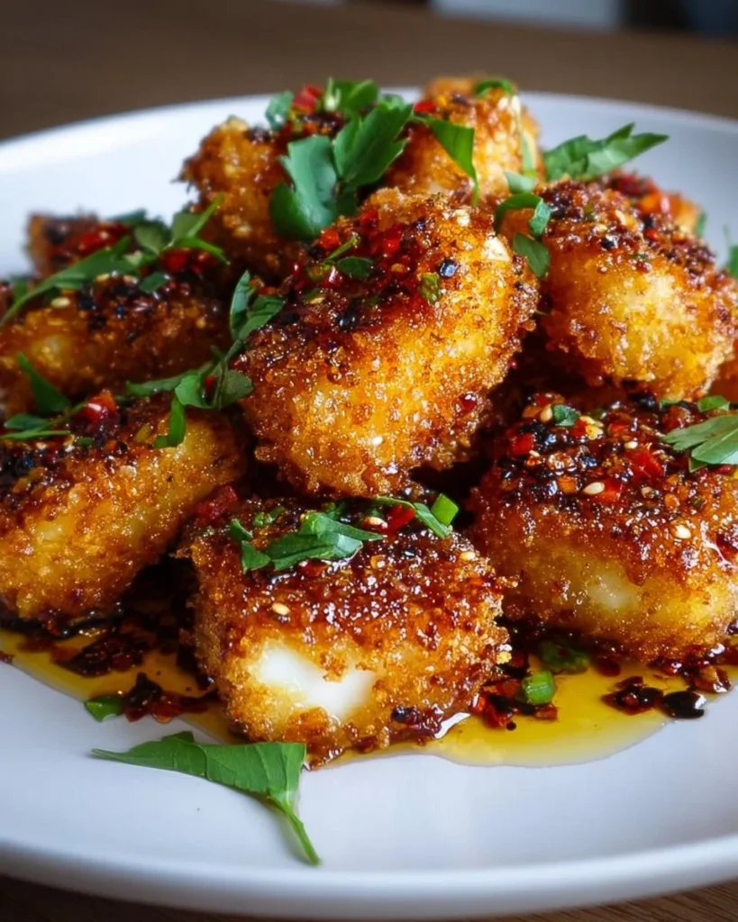 Plate of hot honey crispy halloumi bites with a drizzle of honey