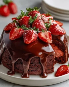 Indulgent strawberry chocolate cake with a rich chocolate shell and fresh strawberries