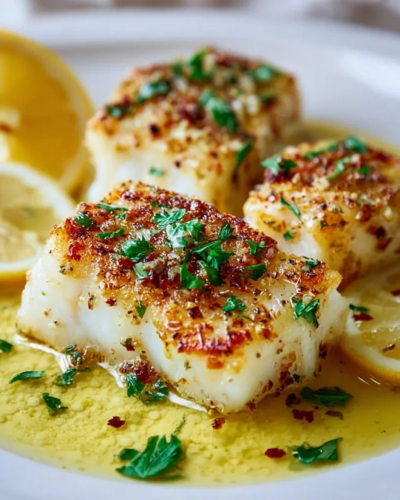 Plate of lemon garlic butter cod garnished with herbs