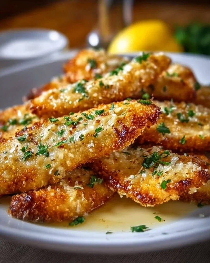 Plate of lemon garlic parmesan chicken tenders garnished with herbs