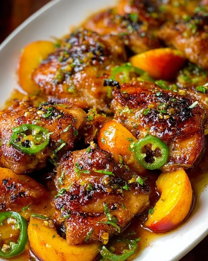 Delicious jalapeno peach chicken dish garnished and ready to serve