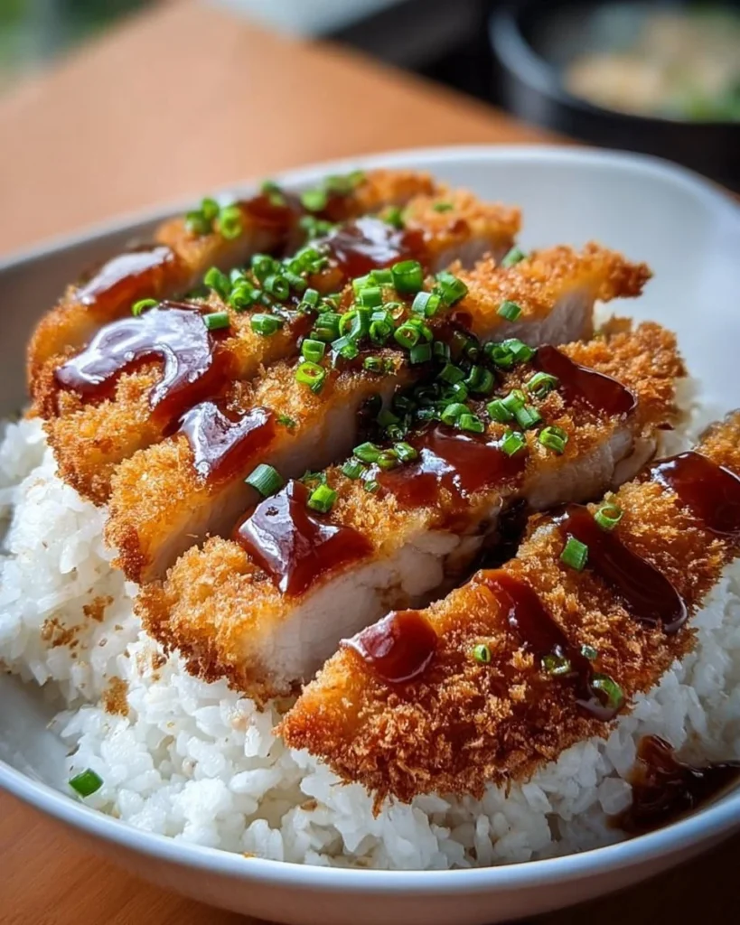 Delicious Japanese Katsu Bowl with crispy pork and Tonkatsu sauce.