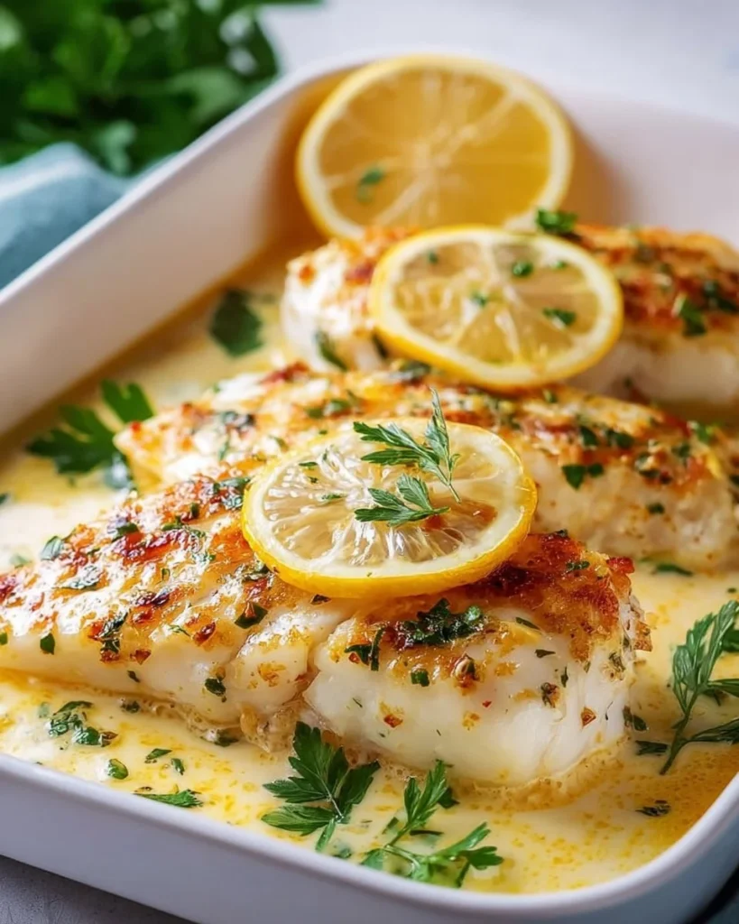 Juicy lemon fish fillet from the oven garnished with lemon slices and herbs