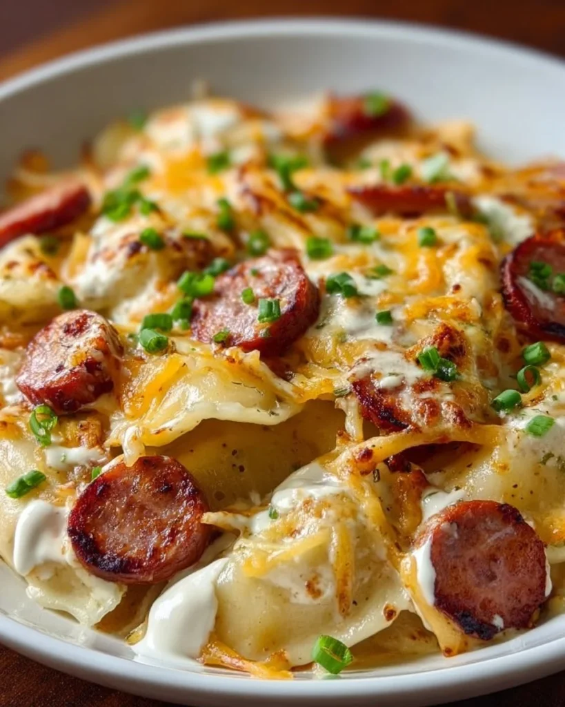 Kielbasa Pierogi Bake with golden-brown pierogi and sliced kielbasa served in a dish.