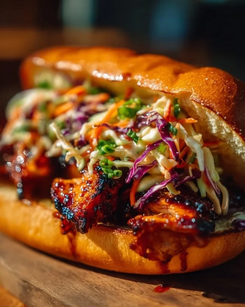 Korean BBQ Chicken Sandwich topped with cabbage slaw on a rustic wooden table