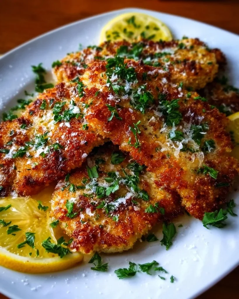 Delicious Lemon Chicken Romano garnished with herbs and cheese on a plate.